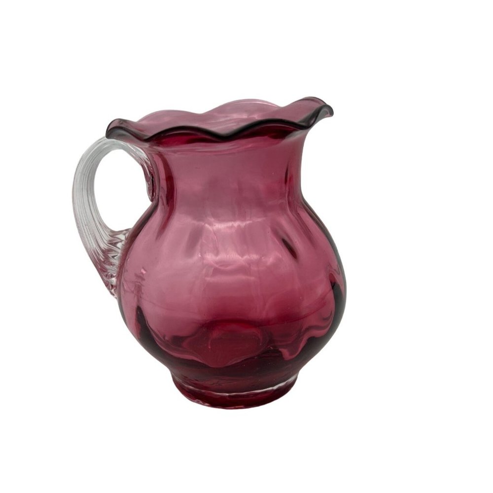 Cranberry Glass Small Pitcher w/ Applied Handle Hand Blown Pontil 4" Tall